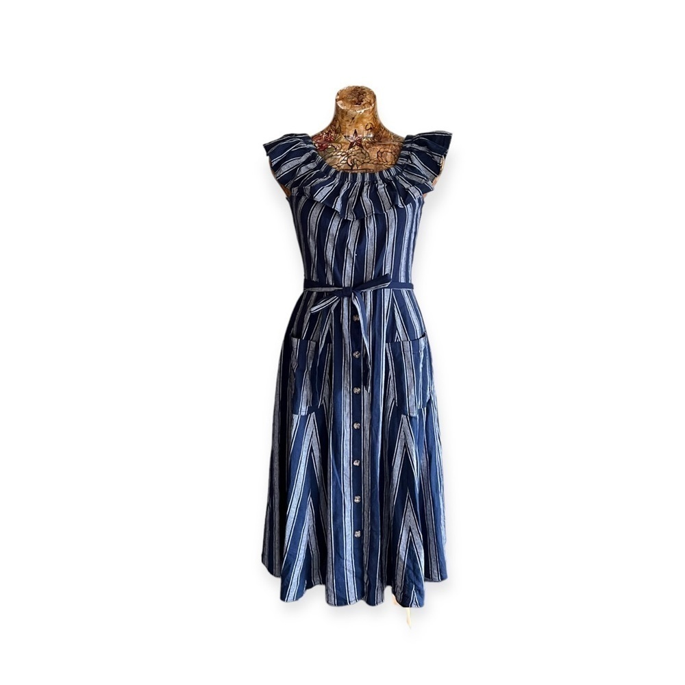 V by Violet Weekend dress maxi stripes blue white medium button front